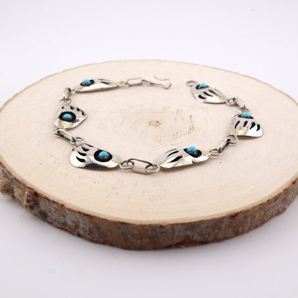Navajo Sterling Silver Link Bracelet Shadow Box Turquoise Jewelry Sz 8.75in. ** - Picture 8 of 12